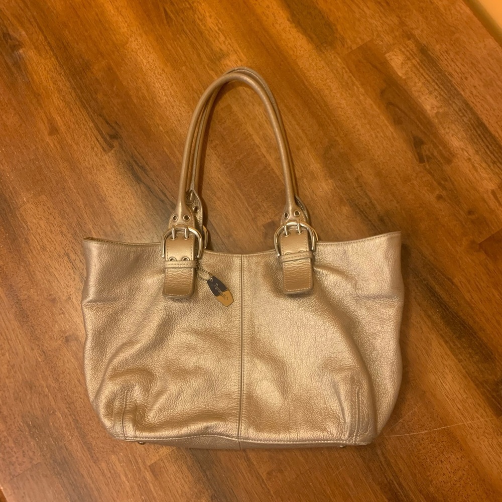 Tignanello Leather Bag Metallic Gold Shoulder Bag Magnetic Closure
